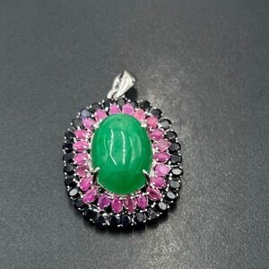 Double Halo Pink Blue Sapphire Oval Green Jadeite Cabochon Sterling Pendant